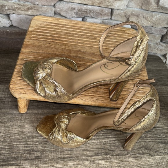 SAM EDELMAN Gold Glitter Metallic Bow High Heel Sandal Ankle Strap Women's 9 - Picture 13 of 16
